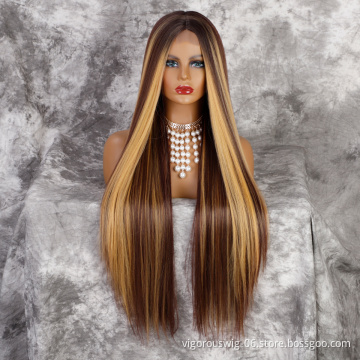 Vigorous long Straight ombre mix brown blonde wigs synthetic lace wig women middle part heat resistant fiber natural looking wig